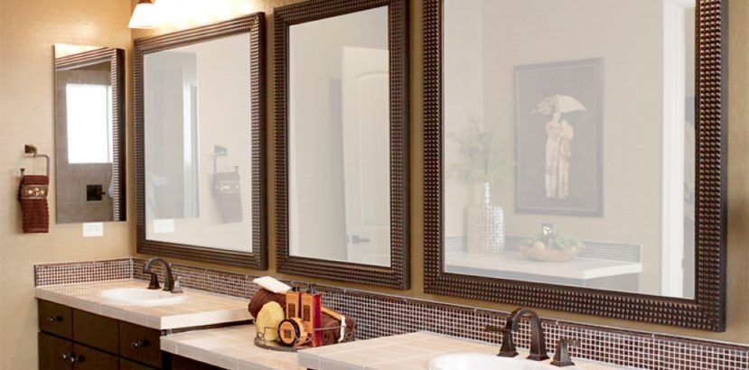 modern-brown-lacquered-bathroom-vanity-cabinets-with-white-vanity-top-set-under-triple-square-wall-mirrors-plus-decorative-lighting